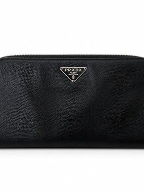 Authentic Prada Saffiano Leather Zip Around Wallet Black Silver Logo